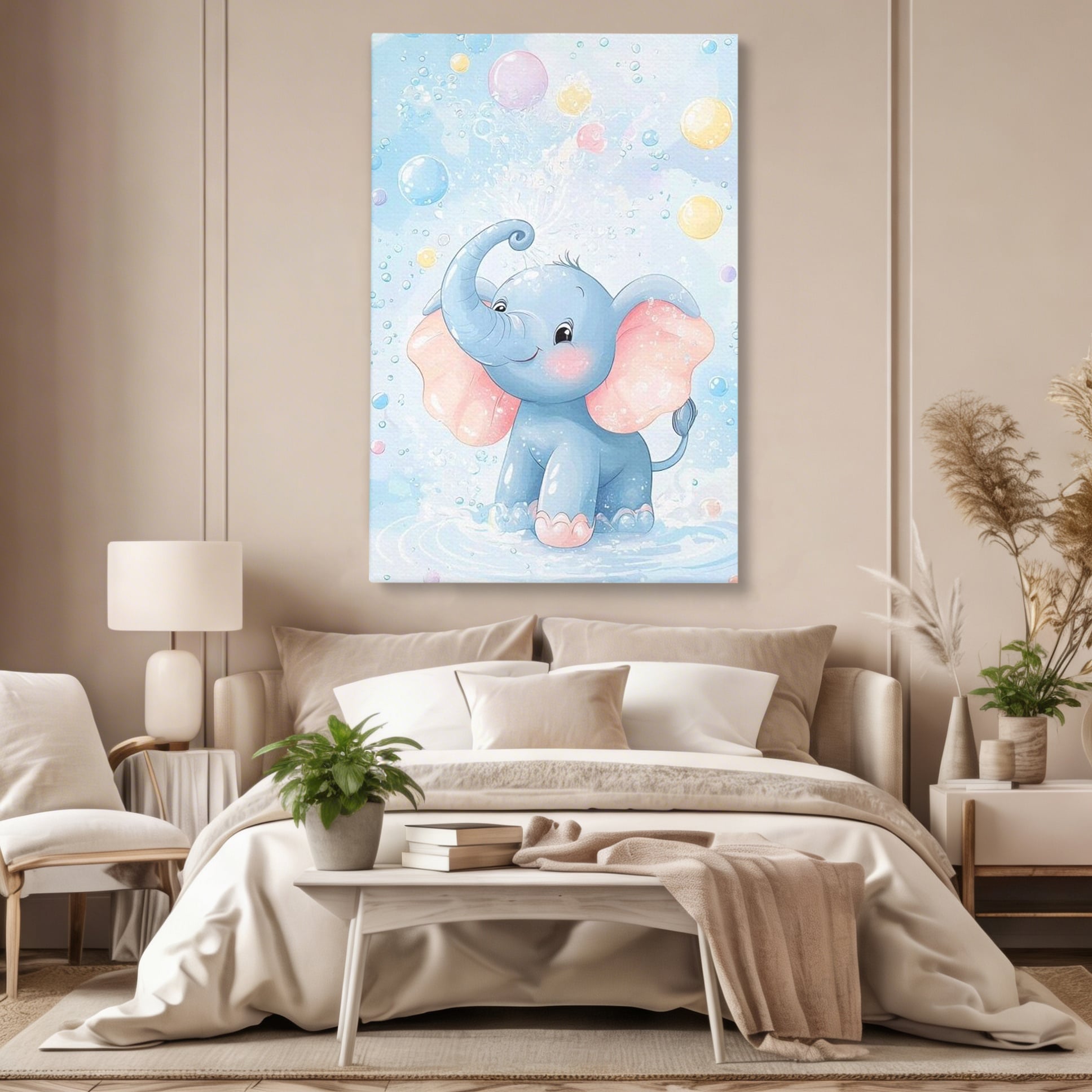 Tablou canvas cu tablou canvas cu elefantelet albastru, fara rama, pe sasiu de lemn, pe perete intr-un dormitor